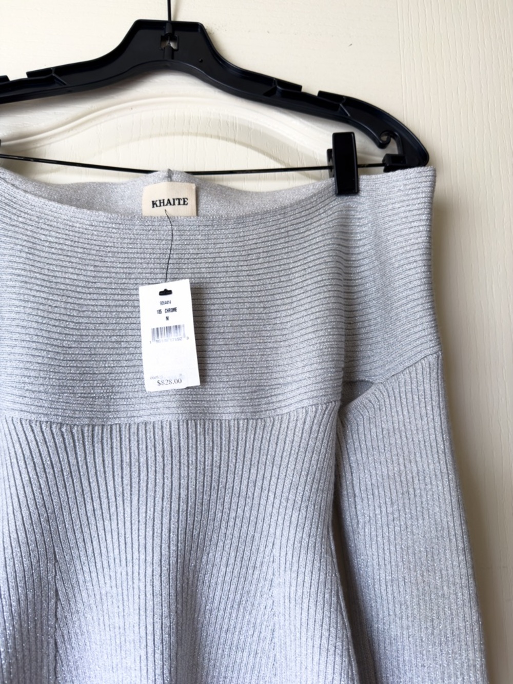 KHAITE Salma Off Shoulder Rib Knit Wool Top Long-Sleeve Chrome Medium NWT - Picture 5 of 10